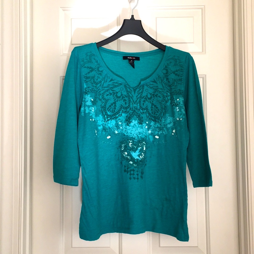 Style & Co. Top Small Sea Green Tee 3/4 Sleeves Soft Thin Fabric